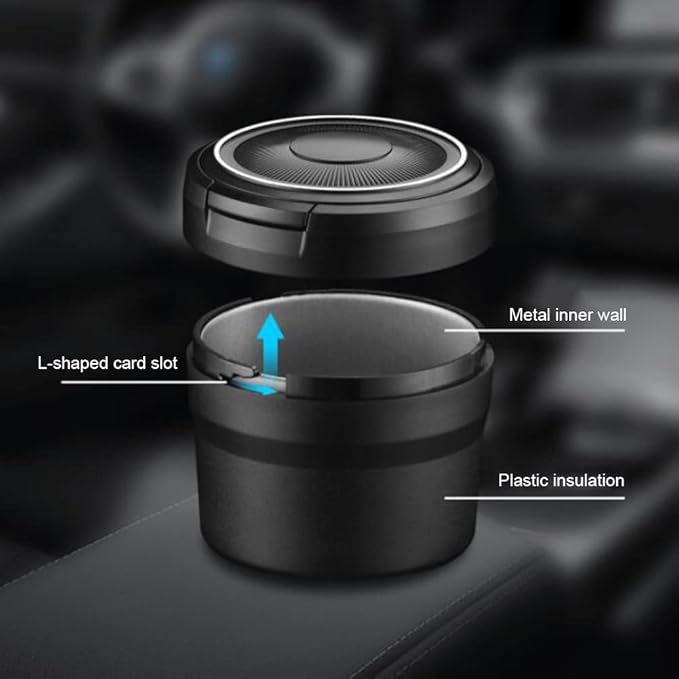 Smart LED Car Ashtray with Lid | Smokeless Design with Cup Holder Fit | Portable Flame-Retardant Ashtray for Car, SUV, Office – Matte Black