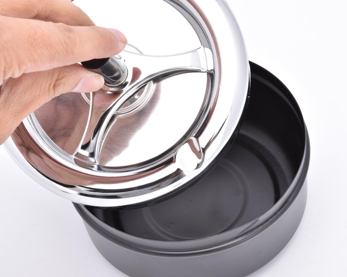 Spinning Lid Push-Down Ashtray – Windproof & Odor-Sealing Stainless Steel Top – Large Capacity for Home or Outdoor Use