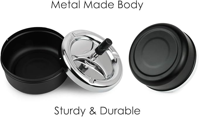 Spinning Lid Push-Down Ashtray – Windproof & Odor-Sealing Stainless Steel Top – Large Capacity for Home or Outdoor Use