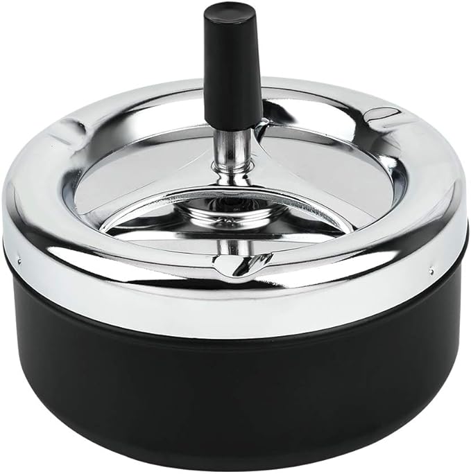 Spinning Lid Push-Down Ashtray – Windproof & Odor-Sealing Stainless Steel Top – Large Capacity for Home or Outdoor Use