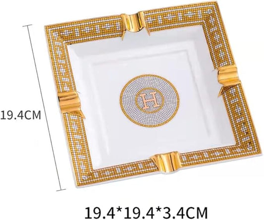 Luxury European Gold-Trimmed Ceramic Ashtray|Square Vintage Style Tray for Home & Office|19.4×19.4×3.4 cm