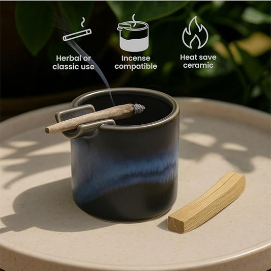 Handcrafted Ceramic Ashtray – Unique Glazed Finish | Deep Round Design with Cigarette Slot | Artistic Gift for Home/Office Use