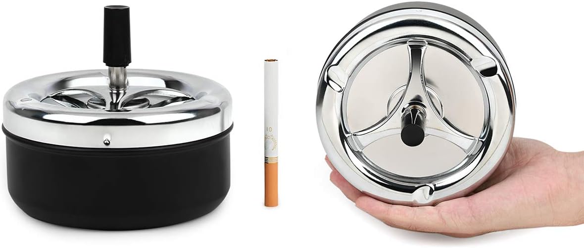 Spinning Lid Push-Down Ashtray – Windproof & Odor-Sealing Stainless Steel Top – Large Capacity for Home or Outdoor Use