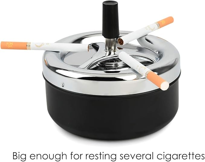 Spinning Lid Push-Down Ashtray – Windproof & Odor-Sealing Stainless Steel Top – Large Capacity for Home or Outdoor Use