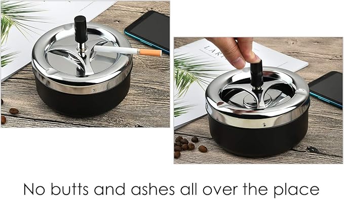 Spinning Lid Push-Down Ashtray – Windproof & Odor-Sealing Stainless Steel Top – Large Capacity for Home or Outdoor Use
