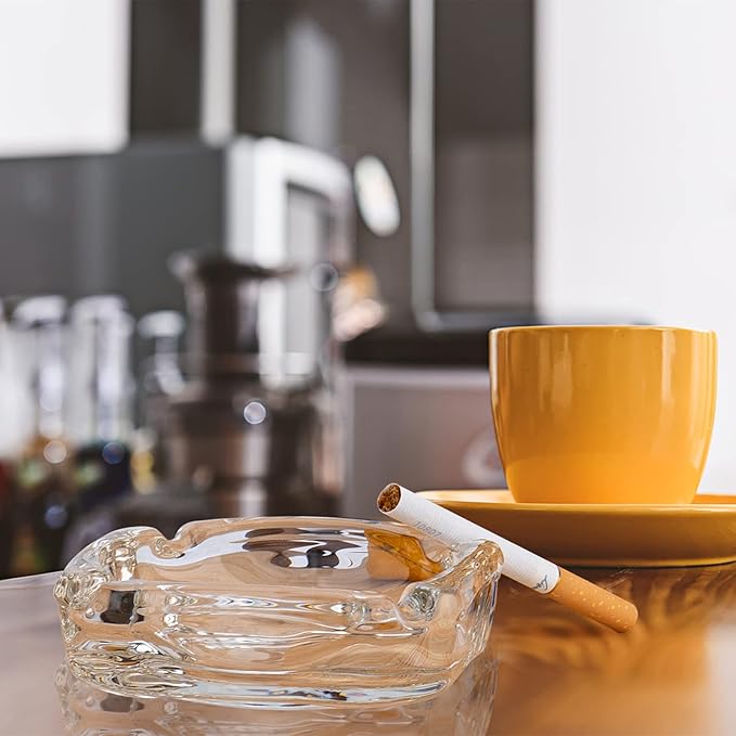Portable Clear Glass Ashtray|Mini Round Crystal-Style Ashtray|Compact Tabletop Design|3.66 × 1.18 Inches