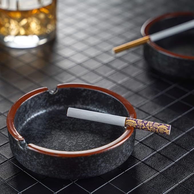 Vintage Ceramic Ashtray – Round Stone Texture Design | 4.13" Diameter | Anti-Slip | Smokers Gift for Home/Office/Tabletop