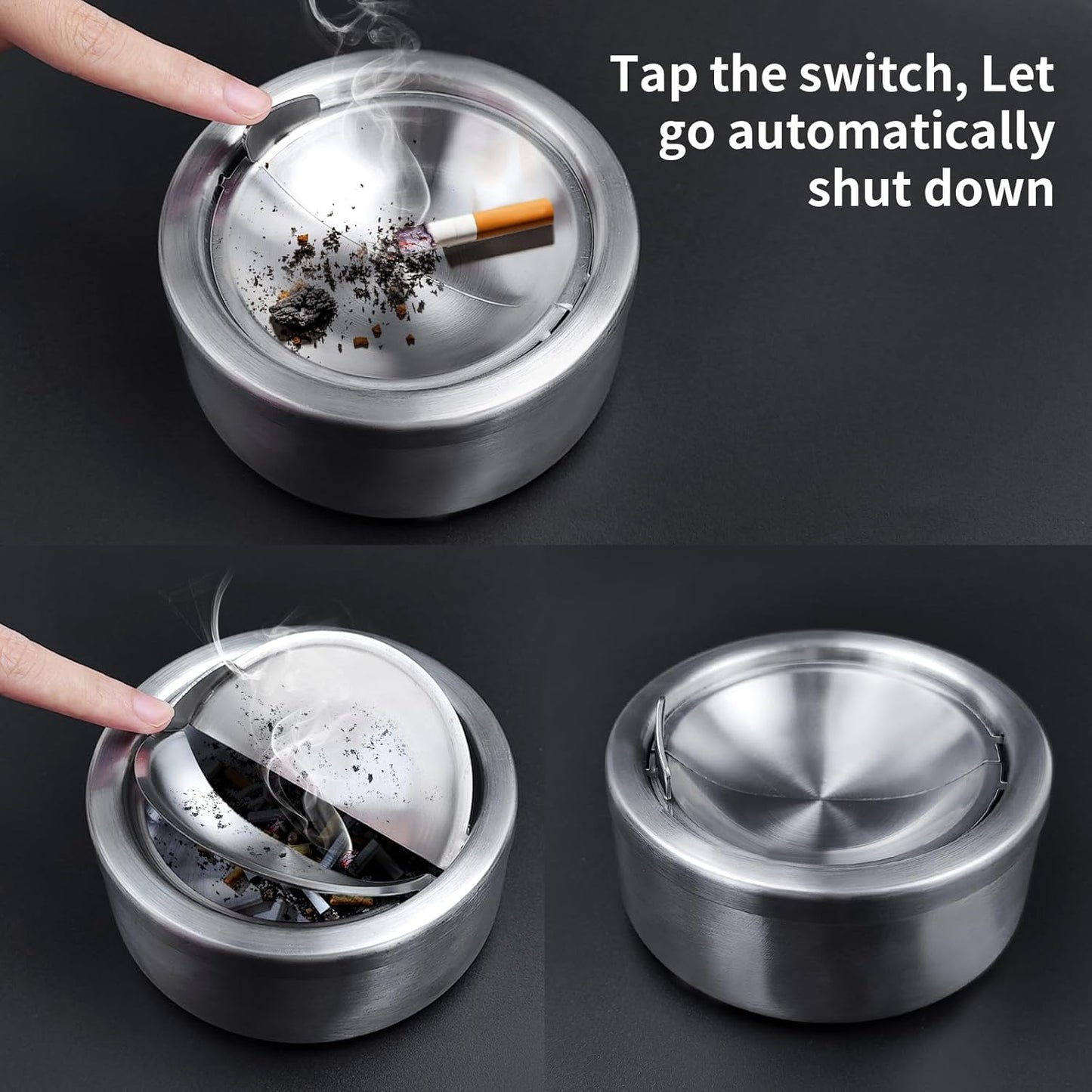 Stainless Steel Flip-Top Ashtray – Windproof & Odor-Sealing – Durable Brushed Metal Design for Indoor/Outdoor Use