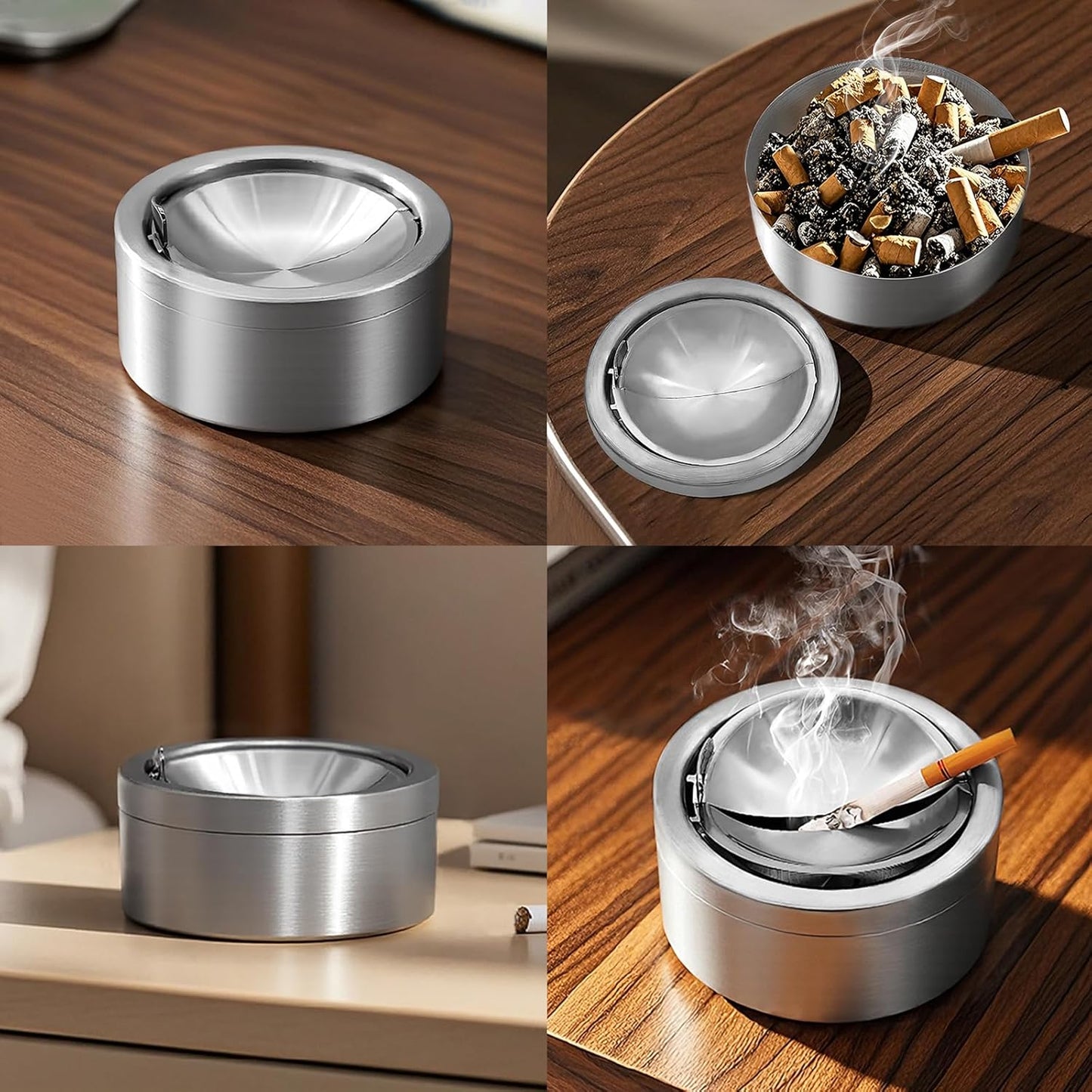 Stainless Steel Flip-Top Ashtray – Windproof & Odor-Sealing – Durable Brushed Metal Design for Indoor/Outdoor Use