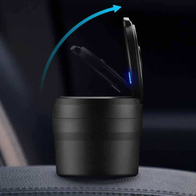 Smart LED Car Ashtray with Lid | Smokeless Design with Cup Holder Fit | Portable Flame-Retardant Ashtray for Car, SUV, Office – Matte Black