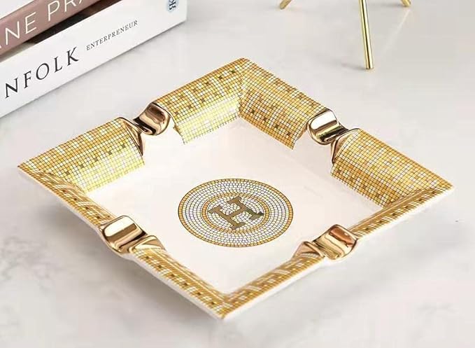 Luxury European Gold-Trimmed Ceramic Ashtray｜Square Vintage Style Tray for Home & Office｜19.4×19.4×3.4 cm