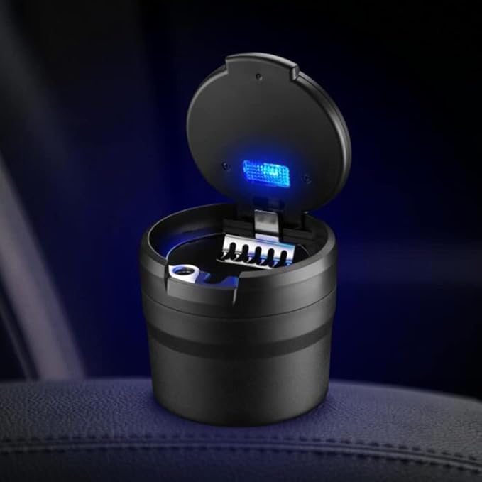 Smart LED Car Ashtray with Lid | Smokeless Design with Cup Holder Fit | Portable Flame-Retardant Ashtray for Car, SUV, Office – Matte Black