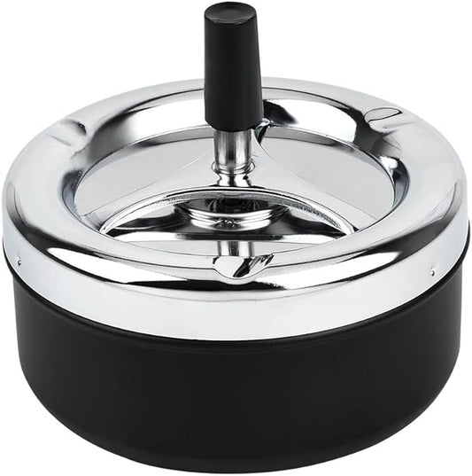 Spinning Lid Push-Down Ashtray – Windproof & Odor-Sealing Stainless Steel Top – Large Capacity for Home or Outdoor Use