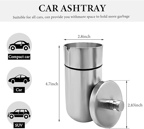 Stainless Steel Car Ashtray with Lid – Windproof & Odor Resistant – Removable Easy-Clean Design – Fits Most Car Cup Holders