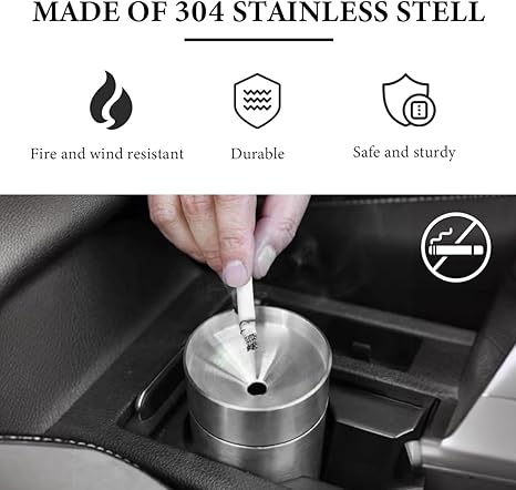 Stainless Steel Car Ashtray with Lid – Windproof & Odor Resistant – Removable Easy-Clean Design – Fits Most Car Cup Holders