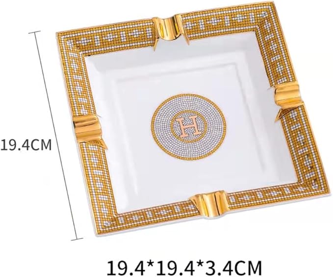 Luxury European Gold-Trimmed Ceramic Ashtray｜Square Vintage Style Tray for Home & Office｜19.4×19.4×3.4 cm