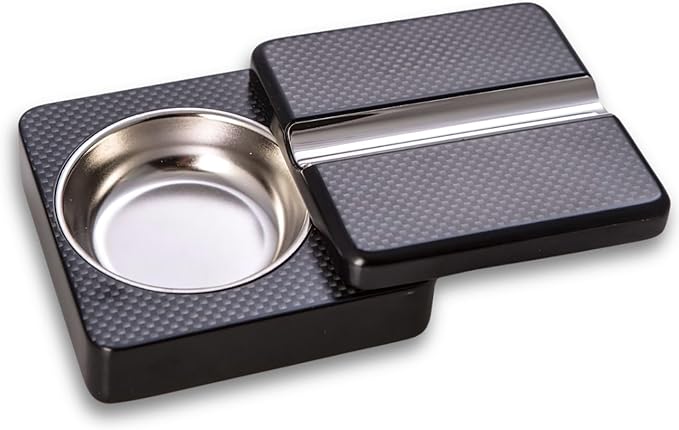 Portable Carbon Fiber Style Sliding Lid Ashtray with Stainless Steel Insert – Compact for Car and Desk Use