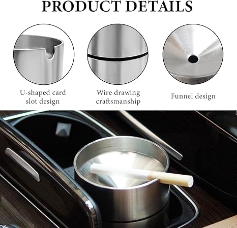 Stainless Steel Car Ashtray with Lid – Windproof & Odor Resistant – Removable Easy-Clean Design – Fits Most Car Cup Holders