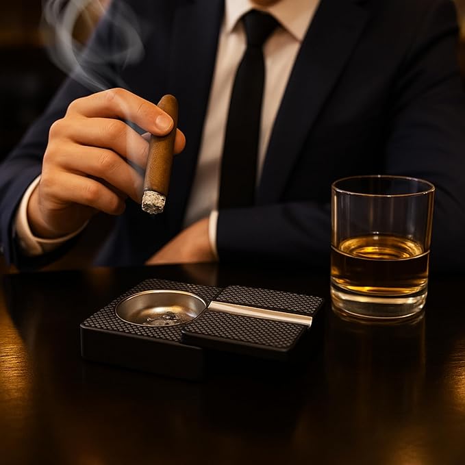 Portable Carbon Fiber Style Sliding Lid Ashtray with Stainless Steel Insert – Compact for Car and Desk Use