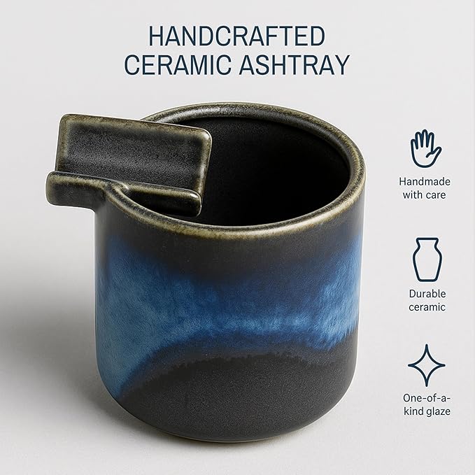 Handcrafted Ceramic Ashtray – Unique Glazed Finish | Deep Round Design with Cigarette Slot | Artistic Gift for Home/Office Use